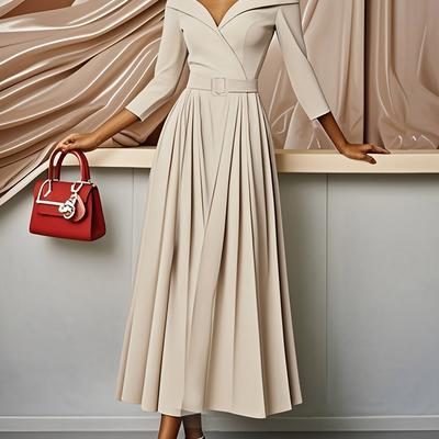 TEMU New Arrival Women's Beige Pleated A-line Long Dress With -eighth Sleeves Image