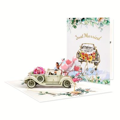 TEMU Wedding Vintage Car 3d Pop-up Wedding Card With Floral Watercolor Illustration, Wedding Card, Bridal Shower Card, Engagement Card, Love Card, Elegant Anniversary Keepsake For Image