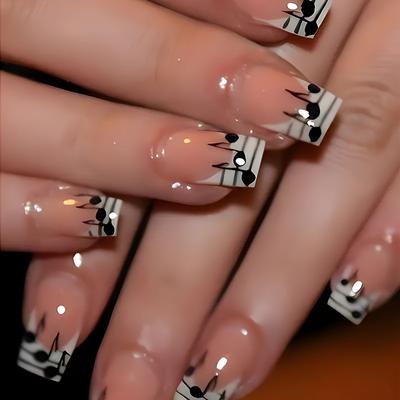 TEMU 24pcs Short Press-on Nails - & White Musical Fake Nails With Jelly Glue & Nail File, Reusable False Nails For Women, Trendy Manicure Accessories For Parties & Casual Attire, Nail Accessories Image