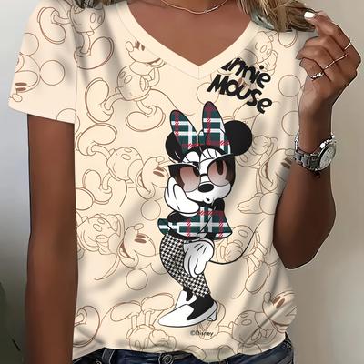 TEMU Women's Summer Casual V-neck T-shirt - Mouse Bow & Polka Dot Print, Lightweight Breathable Fabric For Home, Sports, Outdoor, Shopping, Vacation, Everyday Outfit, , Soft Texture, Graphic Tee, Image