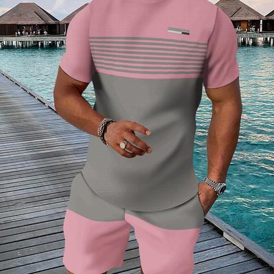 TEMU Men's Summer Casual Sports Crew Neck Polyester 100% Stretch T-shirt And 5/4 Pants Set, Breathable Training Suit, 3d Printing, For Adult Men, Golf, Running, Yoga, Weekend Casual, Night Out Image