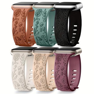 TEMU 6pcs Floral Engraved Silicone Bands For Watch - Soft, Waterproof Sport Straps Compatible With To & Se, Fits 38mm To 49mm Image