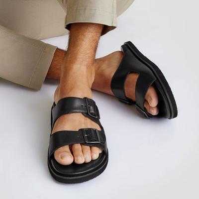 Leather Double Buckle Sandals, Men, size: 11, regular, Black, Leather, by Lands' End