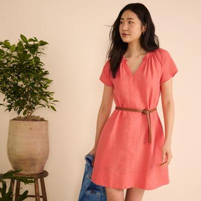 Smocked Linen Dress, Women, size: 10-12, petite, Orange, Linen, by Lands' End