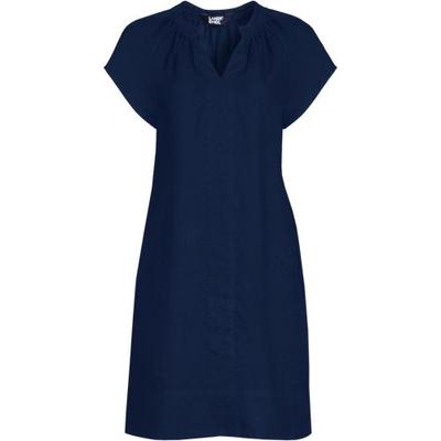 Smocked Linen Dress, Women, size: 8, regular, Blue, Linen, by Lands' End