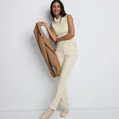 Straight Leg Jeans, Mid Rise, Women, size: 16 32, regular, Ivory, Spandex/Cotton-blend/Poly-blend, by Lands' End