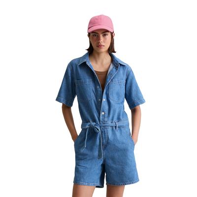 Overall MARC O'POLO DENIM "mit recyeltem Leinen-Garn", Damen, Gr. XL, Normalgrößen, blau (aqua), Obermaterial: 47% Baumwolle, 33% Lyocell, 20% Leinen, unifarben, casual, relaxed fit kurz, Kurzarm normaler Saum, Overalls Image