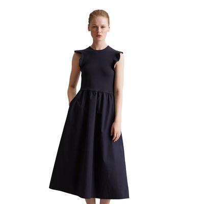 Jerseykleid MARC O'POLO DENIM "mit Baumwoll-Popelinerock", Damen, Gr. XS, Normalgrößen, blau (blau depths), Obermaterial: 96% Baumwolle, 4% Elasthan, unifarben, straight fit wadenlang, Rundhals, ohne Ärmel, Kleider Image