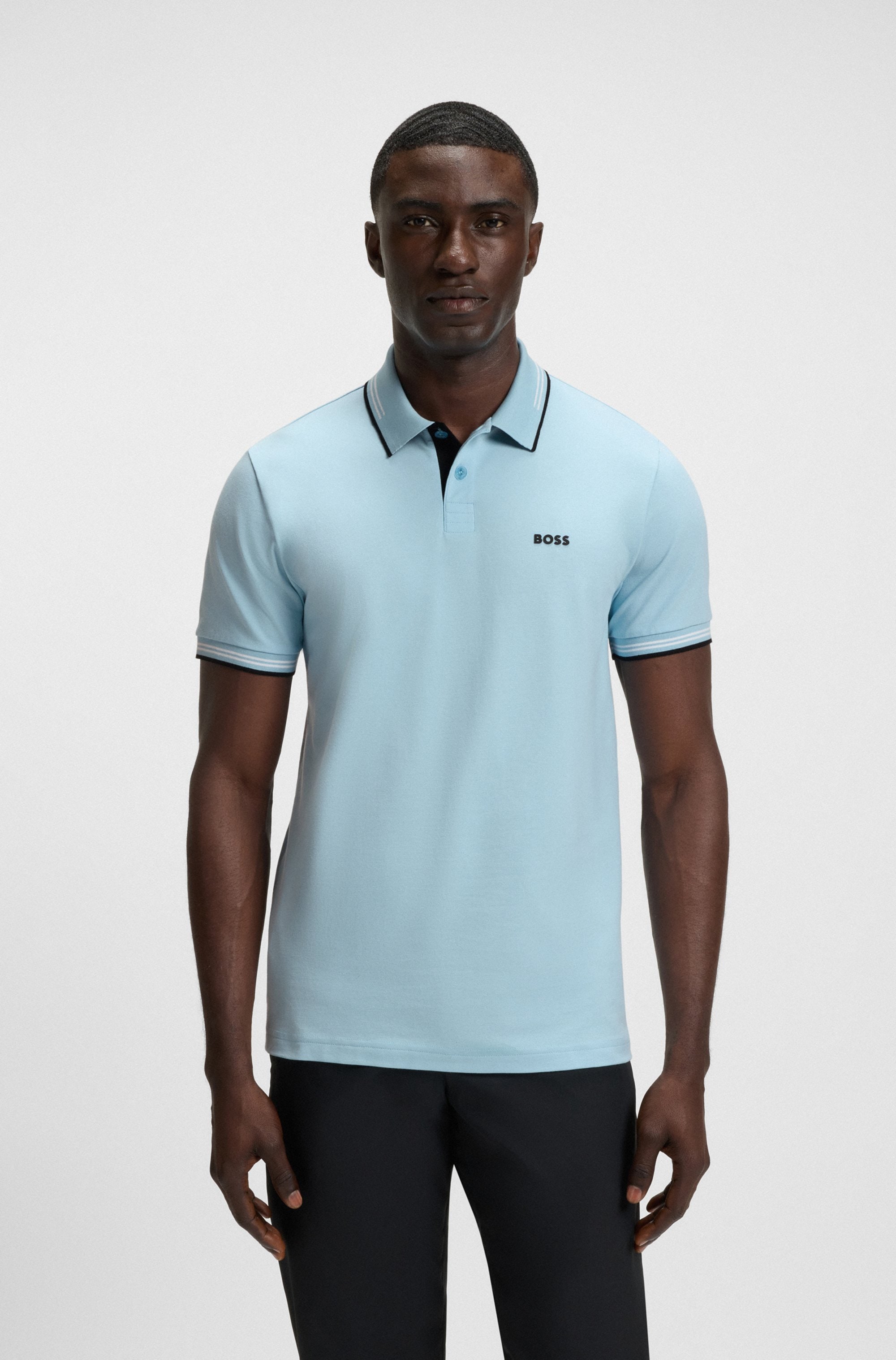 Poloshirt BOSS GREEN "Paul", Herren, Gr. 3XL, blau (light, pastel blau455), Jersey, Obermaterial: 92% Baumwolle, 8% Elasthan, slim fit, hoch geschlossener Ausschnitt, eingesetzt Bündchen kontrastfarben, Shirts, mit Polokragen Image