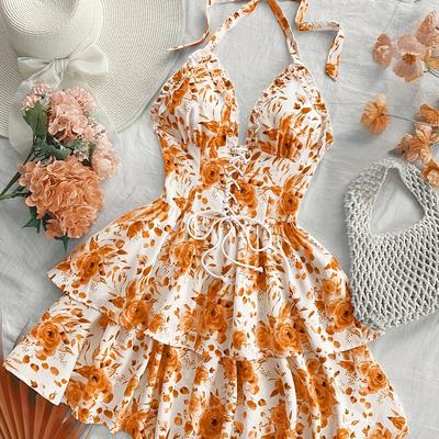 TEMU Women's Elegant Halter Neck Floral Dress With Tie Back - Orange Rose Print, Edges, Spring/summer/fall, Beach Dress|floral Print Dress| , Beach Dresses Image