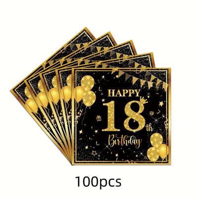 TEMU 100pcs Elegant Black & Golden 18th Birthday Party Napkins - Disposable, 2-ply, 16.5cm X 16.5cm, With Festive Balloons & For Adult Celebrations, Birthday Party Decorations Image