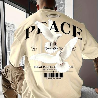 TEMU Men's Casual Short Sleeve T-shirt With White Doves & Peace Graphic Print - Black Round Neck Summer Tee For Casual Attire & Outdoor Activities, Everyday Tshirt, Graphic Tee, Contrast Image