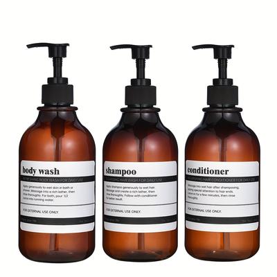 TEMU 3pcs Elegant Black And White Plastic Bathroom Dispenser Set - Shampoo, Conditioner, Body Lotion, Floor Standing, No Electricity Needed, With Labels For Easy Identification, For Bathroo Image