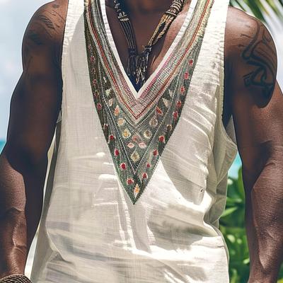 TEMU Men' Ethnic V-neck Tank Top - Comfortable Sleeveless Shirt With Intricate Tribal Pattern, Lightweight Rayon Fabric, Summer Casual Wear, Summer Casual Wear | Design | Lightweight Fabric Image