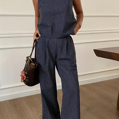 TEMU Women's Summer Striped Thin-strap Top And Pants Casual Two-piece Set Image