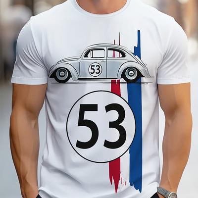 "TEMU Men's Retro Car Graphic T-shirt - Casual Short Sleeve Crewneck With "53" Design, Comfortable Wear, White" Image