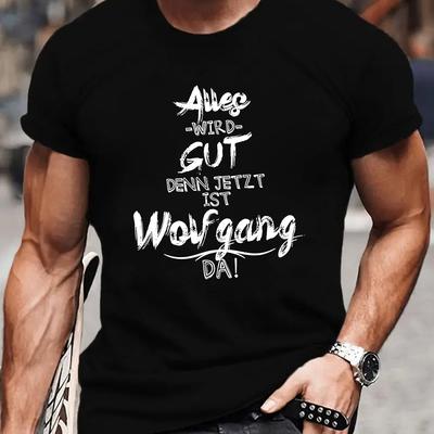 TEMU Now The Wolfgang Men's Short Sleeve T-shirt - Black Geometric Summer Tee, Breathable Round Neck, Machine Washable Regular Fit, Casual Attire, Text Design, Comfortable Fabric Image