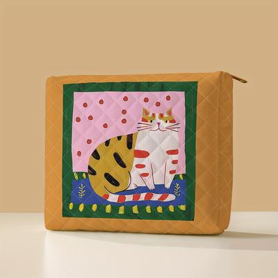 TEMU Chic Cat Print Quilted Makeup Bag - Portable & Lightweight Cosmetic Organizer With Zipper, Ideal For Travel Image