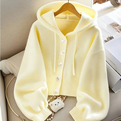 TEMU Women's Ivory Yellow Oversized Hooded Cardigan Sweater - -front Relaxed Fit With Chest Pockets, Cozy Fall Winter Layering Piece, Ladies Sweaters, Winter Apparel, Medium Elasticity Image