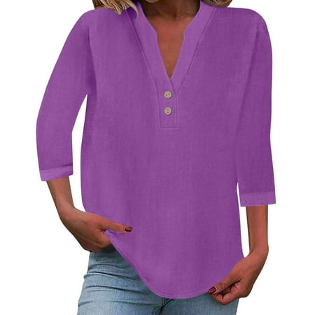 Tops for Women Trendy Silk Work Blouses Women Cute Shirt Girl 7 Sleeve Shirt V Neck Color Blouses for Pom Short Long Sleeve Dress plus Size Womens V Neck Undershirt Pack Compression Top Long Purple M
