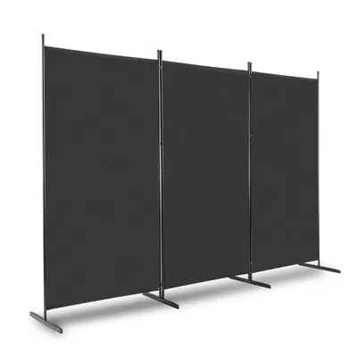 6FT 3 Panel Folding Privacy Screen Black 160g Polyester Fabric Carbon Steel Frame Plastic Feet