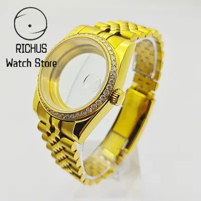 NH35 36/39mm Gold Waterproof Sapphire Glass Diamond Watch Case Fit NH34 NH35 NH36 ETA2824 2836 PT5000 Miyota82 Series Movement
