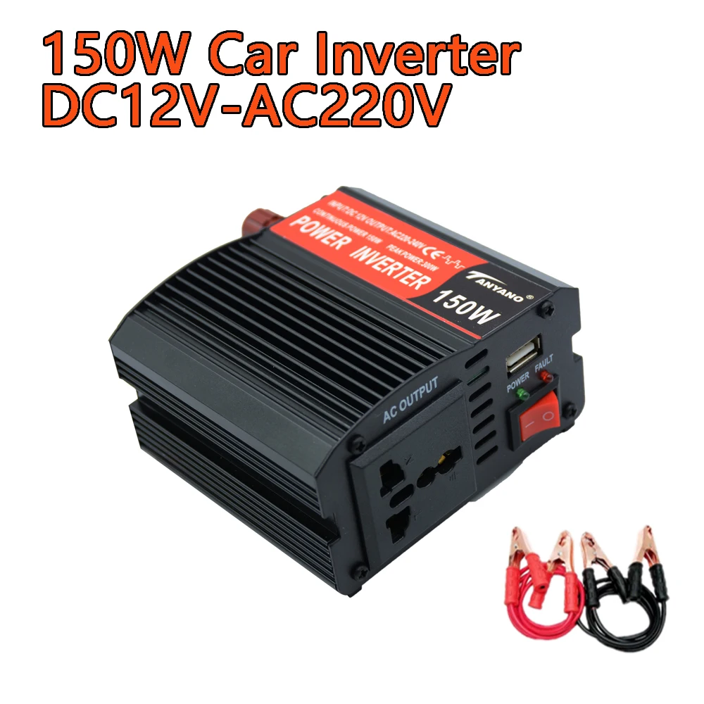 150 W tragbarer Wechselrichter, Auto-Solar-Wechselrichter, USB, DC 12 V zu AC 220 V, Konvertierung, USB-Batterie-Clip, universelle Buchse Image