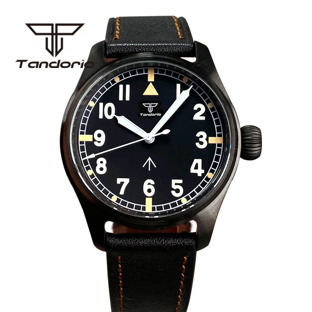 Tandorio Dress Schwarz PVD 39mm 200m Dive Pilot Automatik Herrenuhren NH35A PT5000 Große Schraubkrone Saphirglas Grün leuchtend