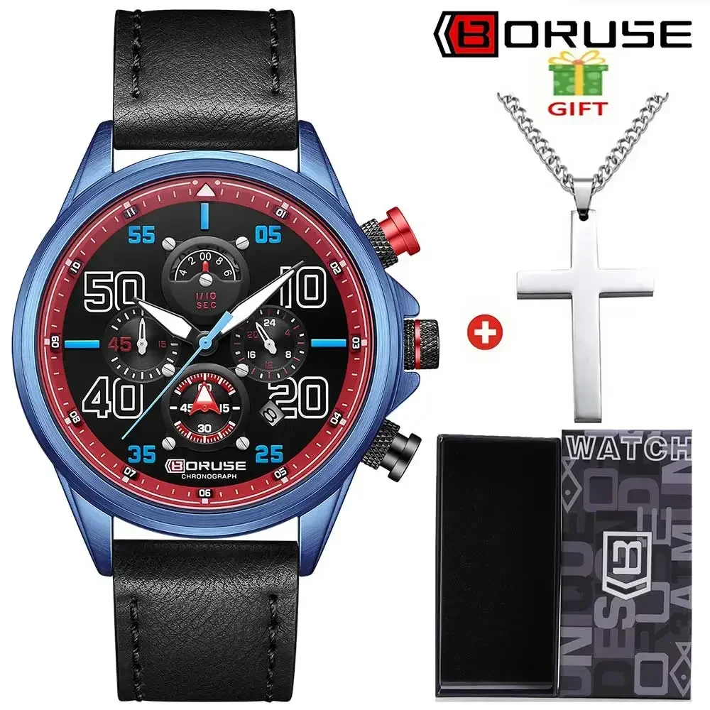 BORUSE 2 stücke Mode Lässig herren Uhr Runden Zifferblatt Pu Lederband Einfache Männliche Uhr und Halskette Set Ramadan vatertag Geschenke Image