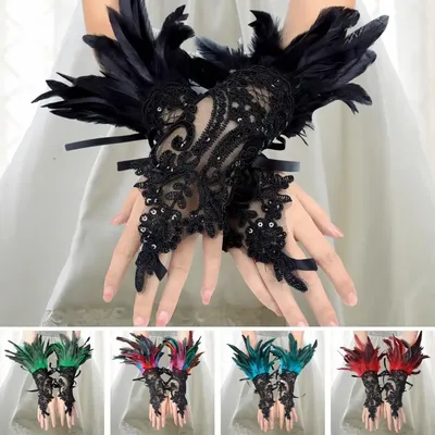1Pc Sexy Spitze Faux Feder Lange Handschuh Gothic Mesh Hülse Halloween Party Stickerei Handschuh Image
