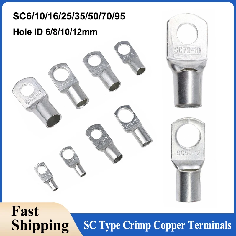 SC-Typ Crimp-Drahtklemmen SC6/10/16/25/35/50/70/95 Blank-Kupfer-Batterieblockösen Ring Kabelverbinder Loch ID 6/8/10/12 mm Image