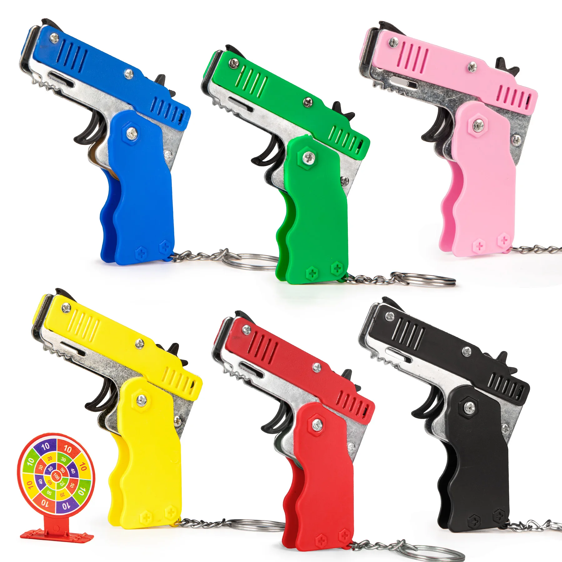 Gummibandpistole, Mini-Legierung, faltbar, Spielzeugpistole, Schlüsselanhänger, schnelles Schießen, 6 Gummis, Spielzeugpistole, kommt mit Gummibändern