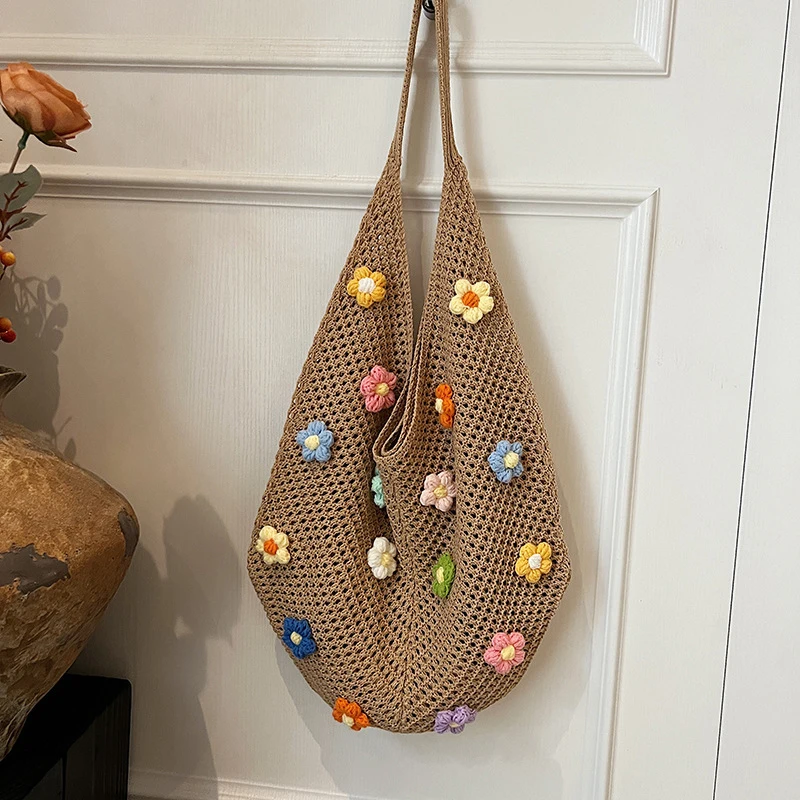 Mode frauen Hohl Woven Schulter Taschen Große Kapazität Stricken Unterarm Tasche Solide Häkeln Tote Handtasche Sommer Mesh Strand Tasche Image