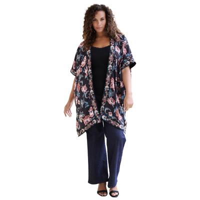 Plus Size Women's Embroidered Drape Kimono by Roaman's in Black Scroll Garden (Size 5X/6X)
