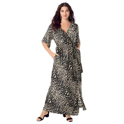 Plus Size Women's Ultrasmooth® Faux Wrap Maxi Dress by Roaman's in Black Animal Print (Size 26/28)
