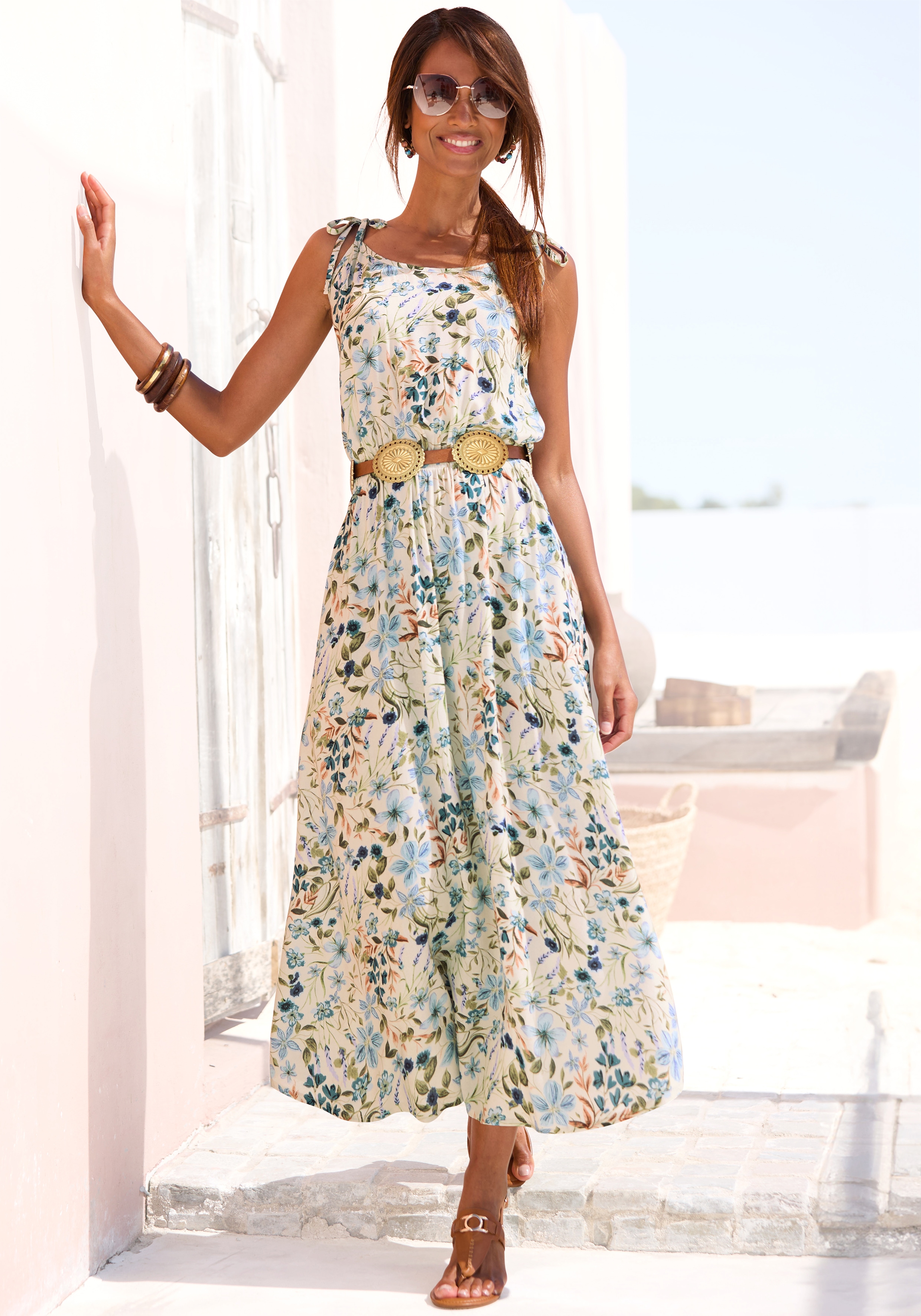 Midikleid BUFFALO, Damen, Gr. 42, N-Gr, blau (creme, blau bedruckt), Web, Obermaterial: 100% Viskose, bedruckt, geblümt, Modisch, figurumspielend knöchelfrei, Rundhals, Kleider Image