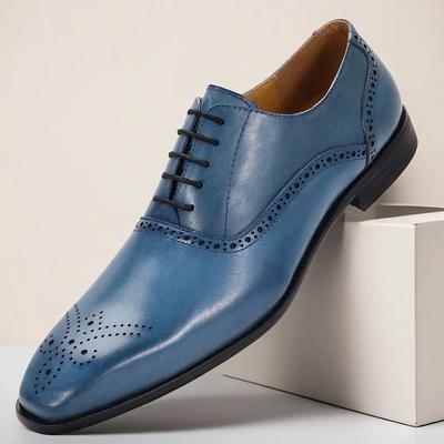 Men's Blue Genuine Cowhide Leather Brogue Dress Shoes – Classic Lace-Up Shoes for Formal Events, Business and Weddings