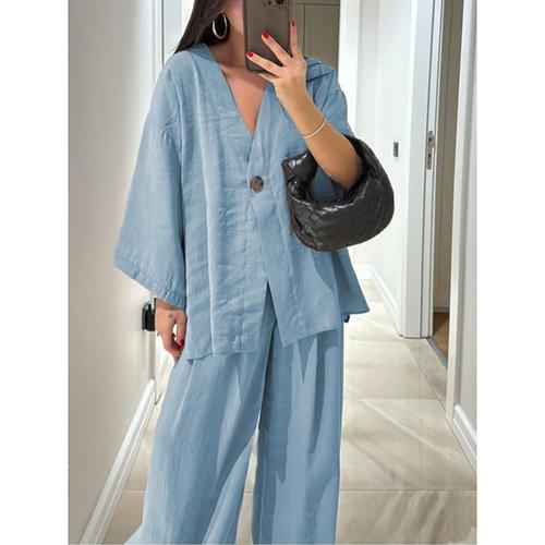 Women's Daily Basic Pants Sets Long Sleeve V Neck Plain Casual Daily Black Navy Blue Fuchsia Summer Oversized