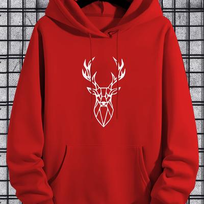TEMU 1pc Men's Casual Print Hoodie With Deer Design - Polyester Knit Fabric With Stretch, Regular Fit Hooded Sweatshirt With Kangaroo Pocket For , Fall/winter Collection Image