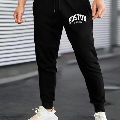 TEMU Boston Men's Casual Track Pants - Knit Polyester Fabric With Pockets, Regular Fit, Stretch, Drawstring Waist, Solid Color With Printed Image
