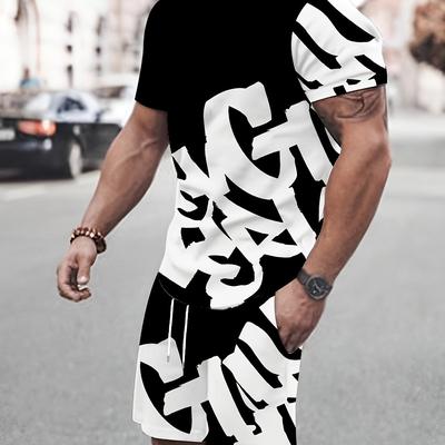 TEMU Men's 3d Outfit Set - Comfy Polyester T-shirt & Drawstring Shorts With , All Image