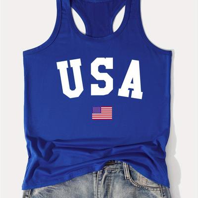 TEMU Flag & Letter Print Fashion Vest Top, Round Neck Sleeveless Sporty Vest T-shirt, Women's Activewear Image