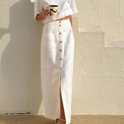 TEMU Simple And Elegant White Two-piece Set With Short-sleeved Top And Daring Slit Skirt Image