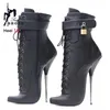 Schwarze Stiefeletten 2025 Neue Super High Metal Feiner Absatz 18 cm Spitze Abschließbare Kurze Stiefel Frauen Plus Größe 44 45 46 Fetisch Schuhe