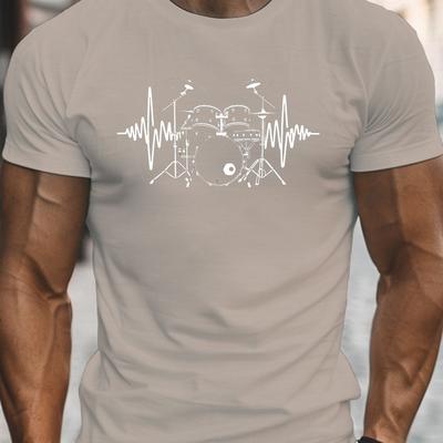 TEMU Men's Lightweight Crew Neck T-shirt With Unique Drum Set & - Casual, Breathable Polyester, Short Sleeve, Summer Tee - Machine Washable Image