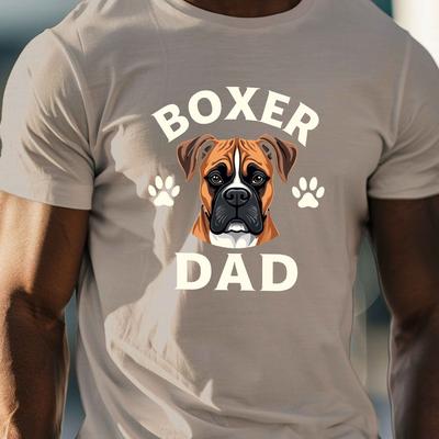 TEMU Boxer Dad Graphic Tee For Men - Royal Blue, Lightweight Polyester Crew Neck T-shirt With Boxer Dog Illustration, Casual & Comfy, Summer, Casual |dog Illustration Tee|polyester Fabric Image