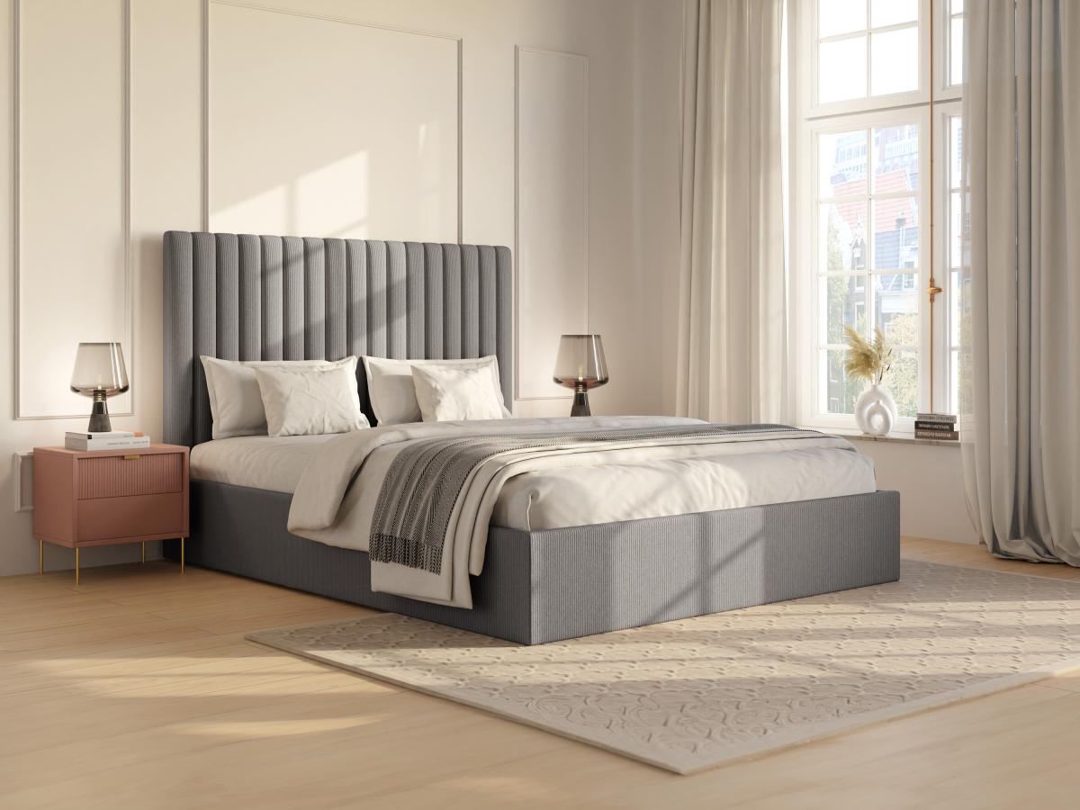 Letto con contenitore 180 x 200 cm con testata letto impunture verticali Velluto a coste Grigio SARAH