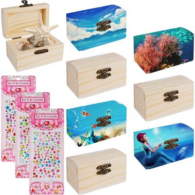 TEMU Umilki 8 Pcs Mini Schatztruhe Wooden Mini With Lid 9*5 5*5 2cm Wooden Box For Painting With Diamond Stickers Wooden Box With Lid Small For Crafting Birthday Ocean Pirate Party Diy Image