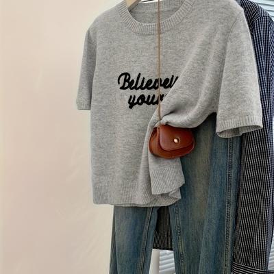 "TEMU Women's Casual Embroidered "believe Yourself" Round Neck Top - Relaxed Fit Japanese Korean Style Blouse For Spring Summer Fall, Motivational Clothing, , Comfortable Clothing" Image