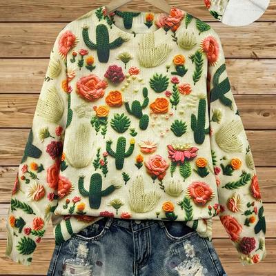 TEMU Women's Elegant Long Sleeve Pullover Sweater - Vibrant Tropical Floral & Cactus Print, Soft Round Neck Top For Fall Winter, Wardrobe Essential, Sweater, Winter Clothing, Cozy Winter Wear Image